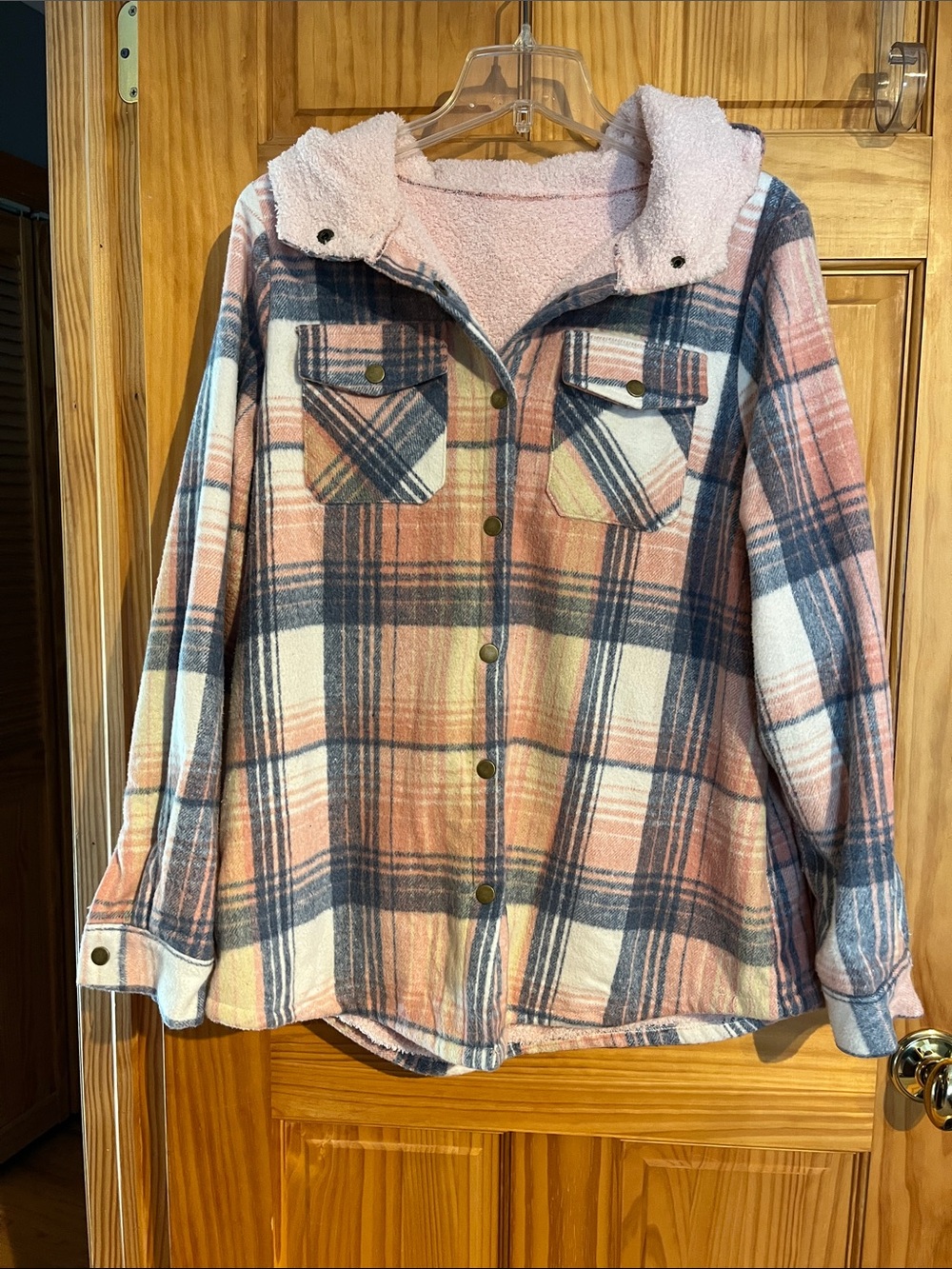 Plaid Fleece Lined Hooded Shacket - Pink/Blue. Size M